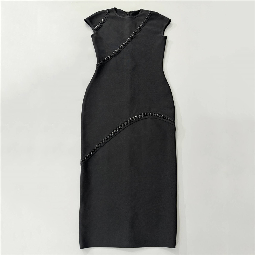 Round Neck Short Sleeve Slim Fit Rhinestone Beaded Bandage One Piece Dress - Image 5