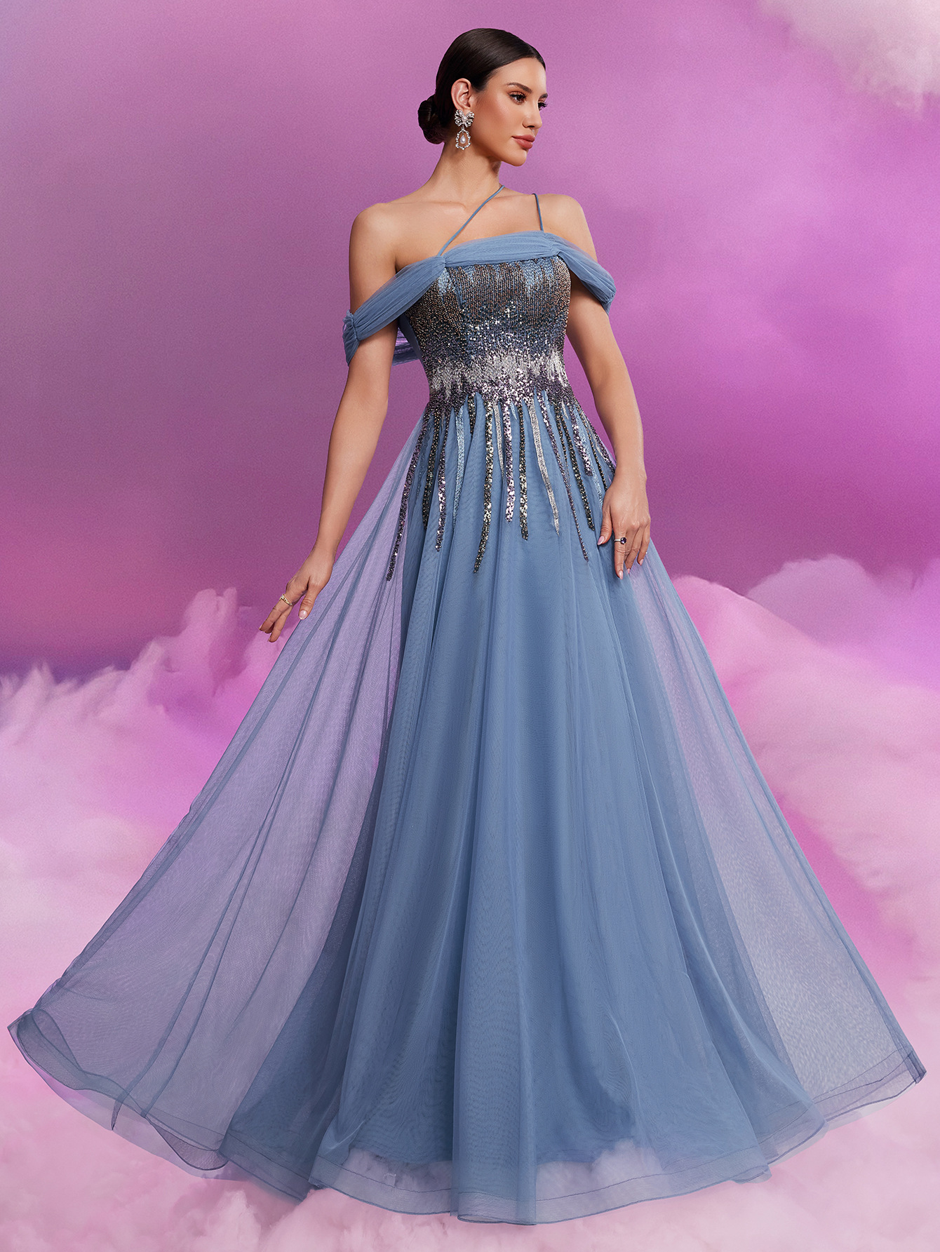 Elegant Sequin Mesh Fit Tube Top Cocktail Formal Large a Swing Floor Dress - Image 5