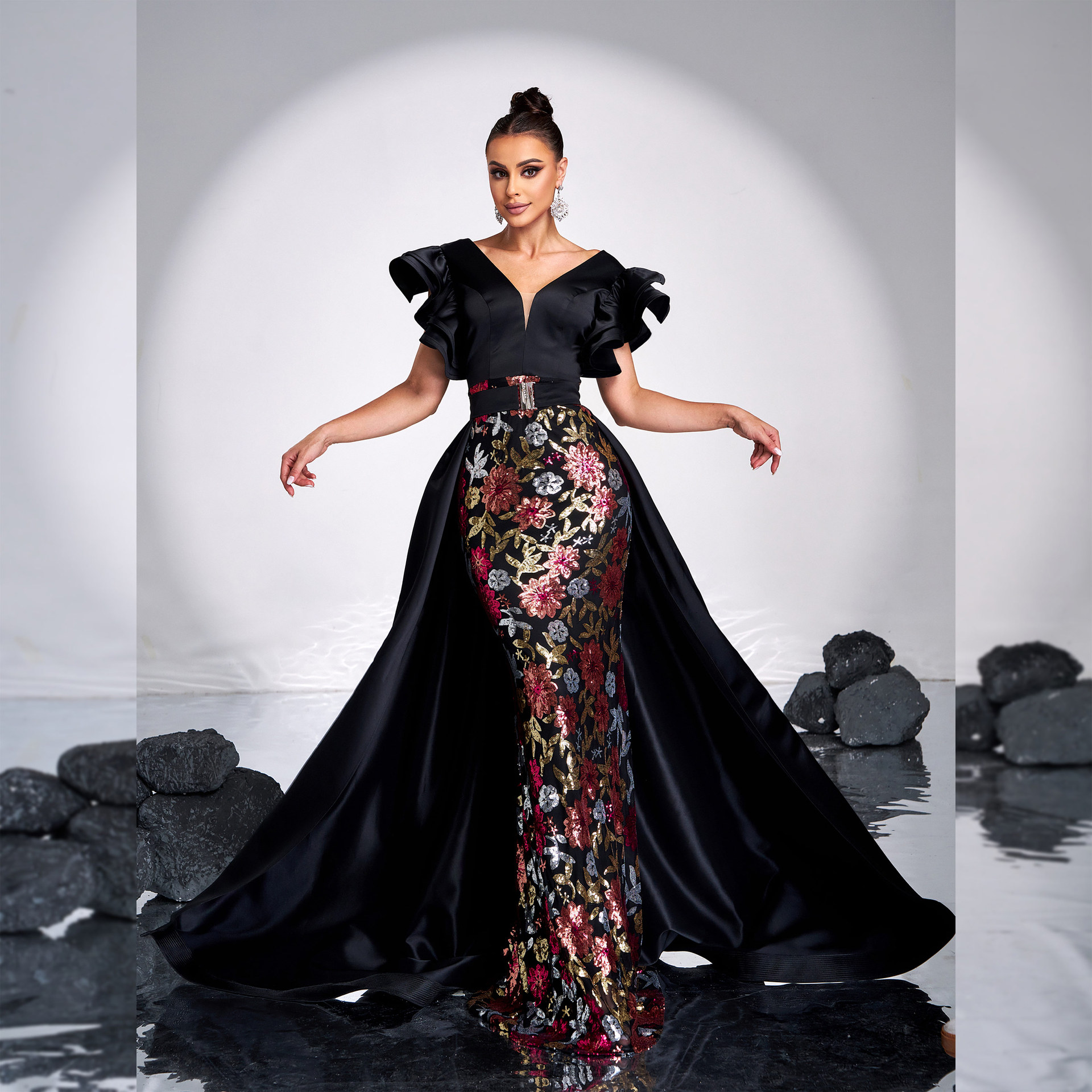 Advanced Sleeveless V Neck Slim Fit Sheath Sequined Cocktail Fishtail Evening Dress - Image 3