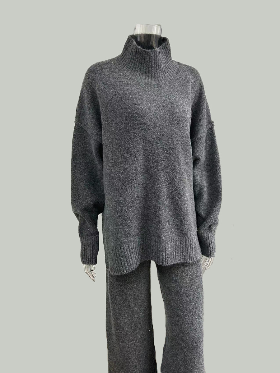 High Neck Split Wool Sweater Loose Casual Lazy Knitted Trousers Two Piece Set - Image 8