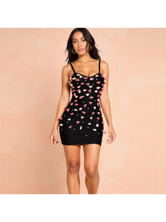 Sling Tight Bandage One Piece Three Dimensional Floral Rhinestone Embedded Short Evening Dress