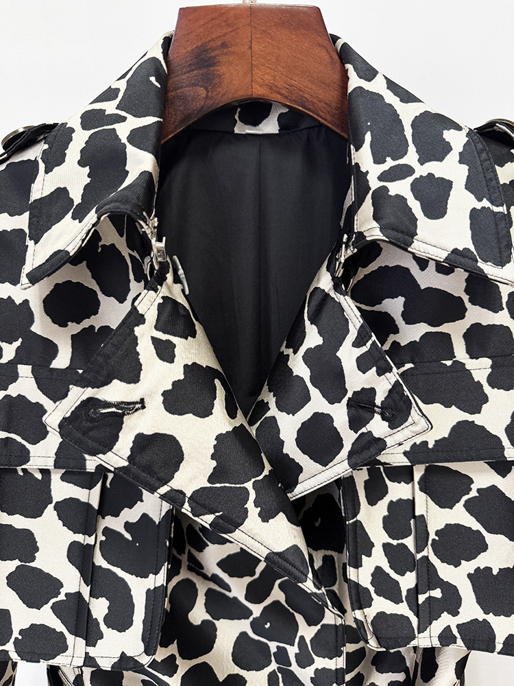 Autumn Winter Belt Leopard Jacquard Long Trench Coat - Image 5