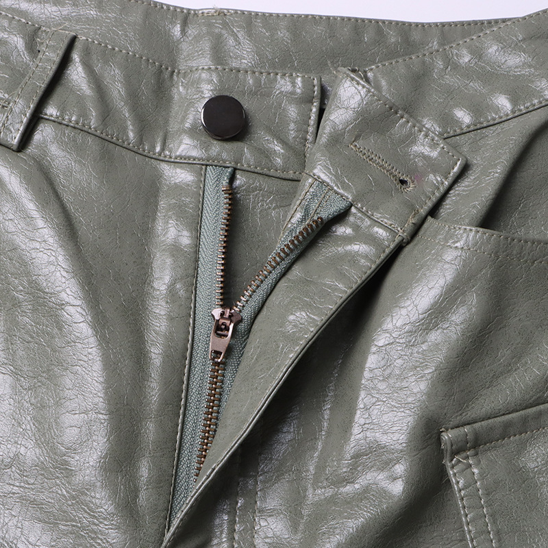 Unique High Waist Large Pocket Faux Leather Straight Leg Pants - Image 8