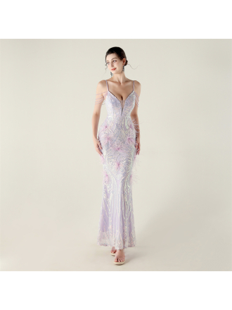 Floral Sequin Feather Decoration Craft Beaded Multi Color Fishtail Evening Dress