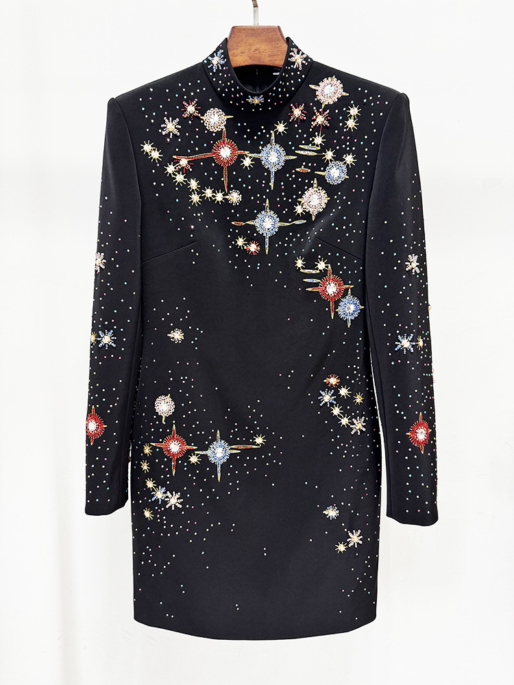 Exquisite Rhinestone Embroidered Beads Rhinestone Slim Fit Long Sleeved Dress - Image 3