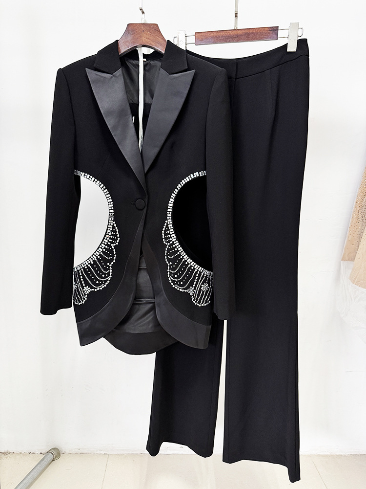 Hollow Out Cutout out Rhinestone Blazer Trousers Two Piece Sets - Image 4