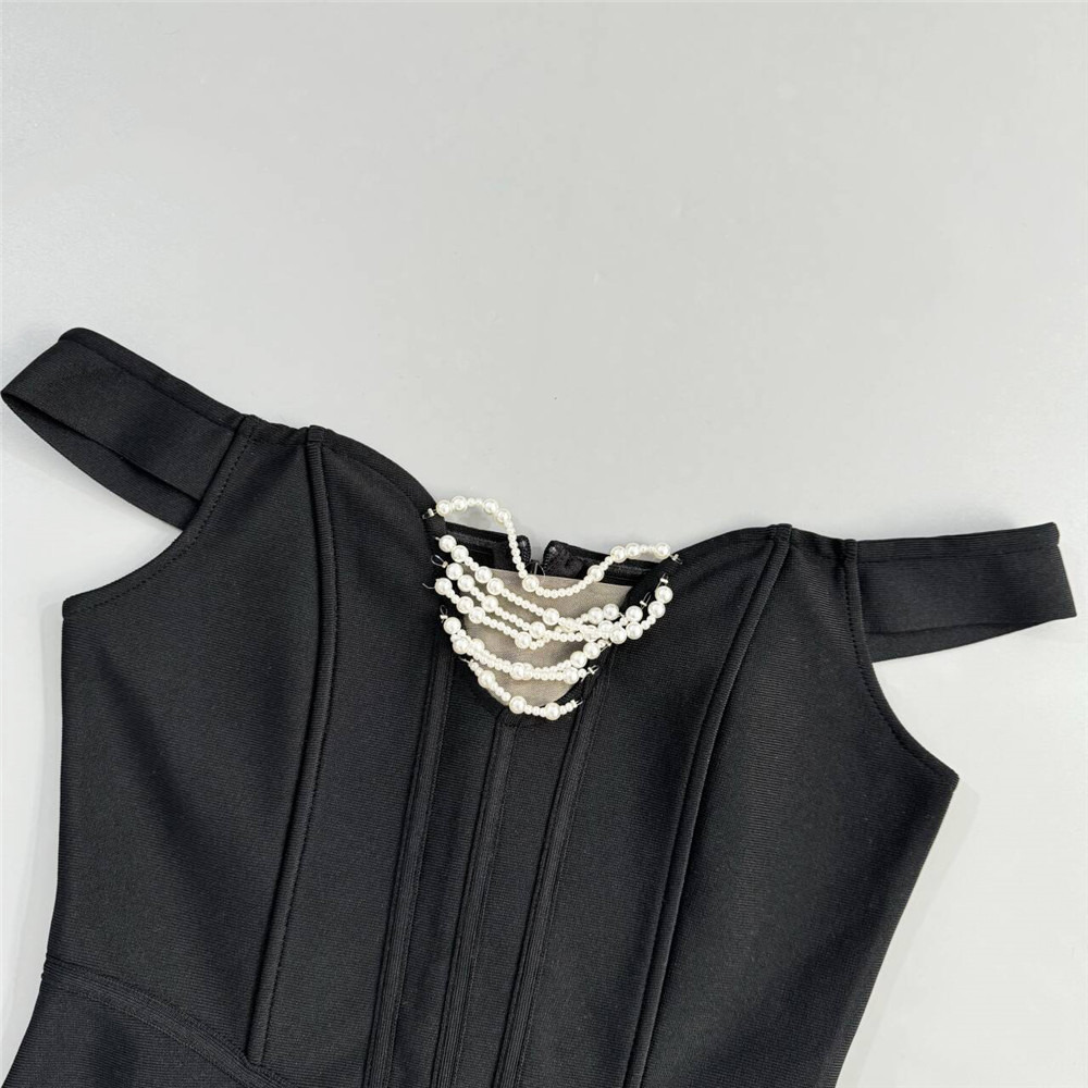 Women Clothing Sexy off the Shoulder Heavy Industry Beads Tassel Decoration Bandage Dress Party Short Evening Dress - Image 2