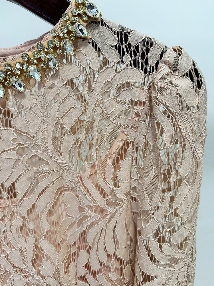 Spring Summer Star Bead Diamond Long Sleeve Slim Water Soluble Lace Dress - Image 7