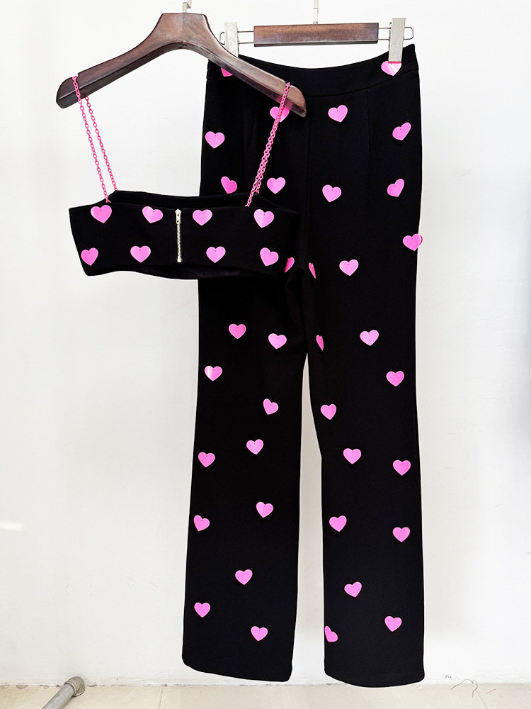 Spring Summer Heart Shaped Sequin Sling Vest Pants Two Piece Set - Image 4