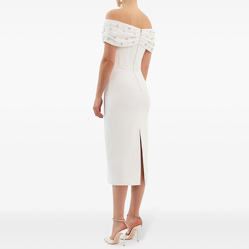 Off Shoulder Beads Rhinestones Mid Length Dress - Image 2