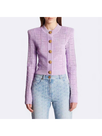 Nzuchi Long Sleeve Short Round Neck Hollow Out Cutout Sweater Top Cardigan