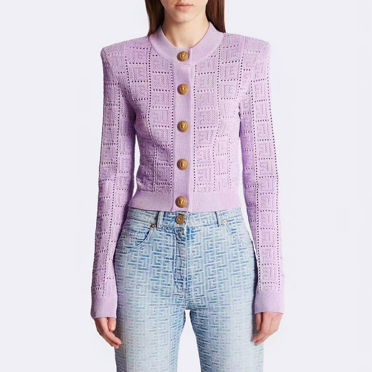 Nzuchi Long Sleeve Short Round Neck Hollow Out Cutout Sweater Top Cardigan