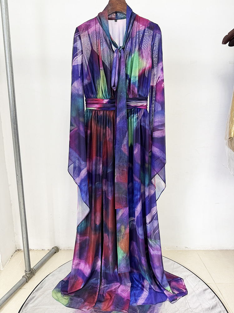 Spring Summer Star Bay Sleeve Colorful Printed Maxi Dress - Image 2