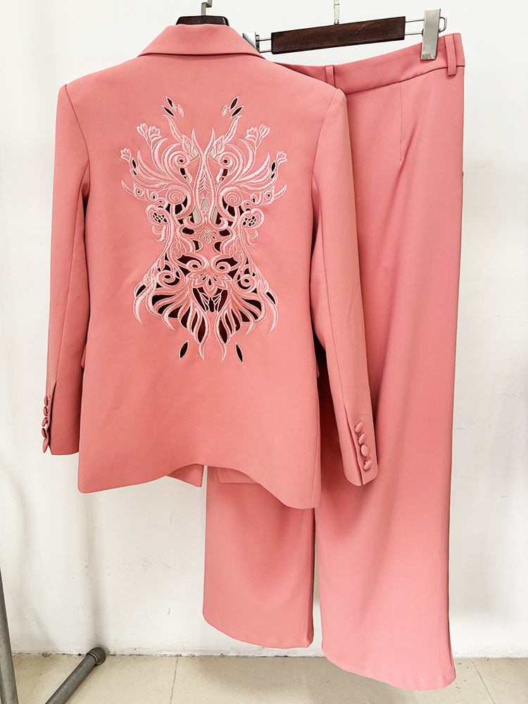 Spring Embroidery Hollow Out Cutout out Heavy Embroidery Blazer Straight Leg Trousers Set - Image 4