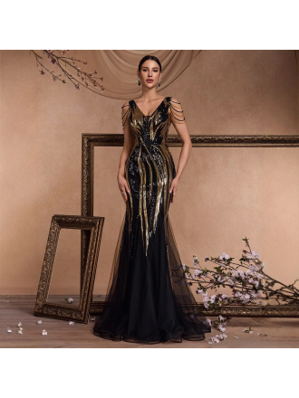 Sequin Bead Evening Cocktail Sexy Slim Fit Fishtail Long Toast Dress