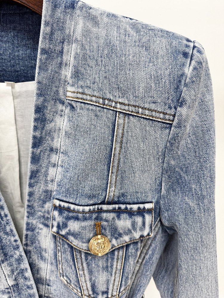 Early Autumn Stars Slim Fit Belt Washed Denim Blazer Jacket - Image 5