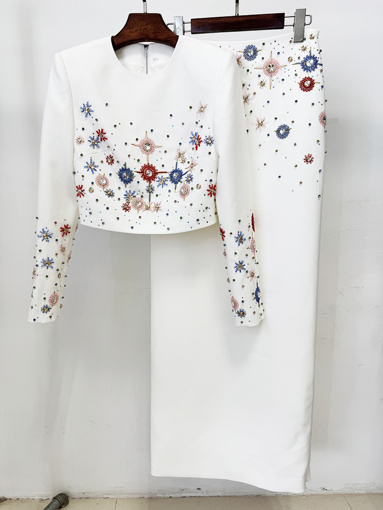 Women Rhinestone Beaded Short Top Skirt Two Piece Set - Image 3