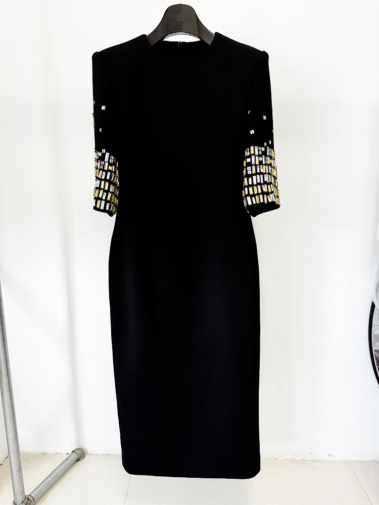 Heavy Industry Beads Diamond Five Quarter Sleeve Mid Length Dress - Image 5