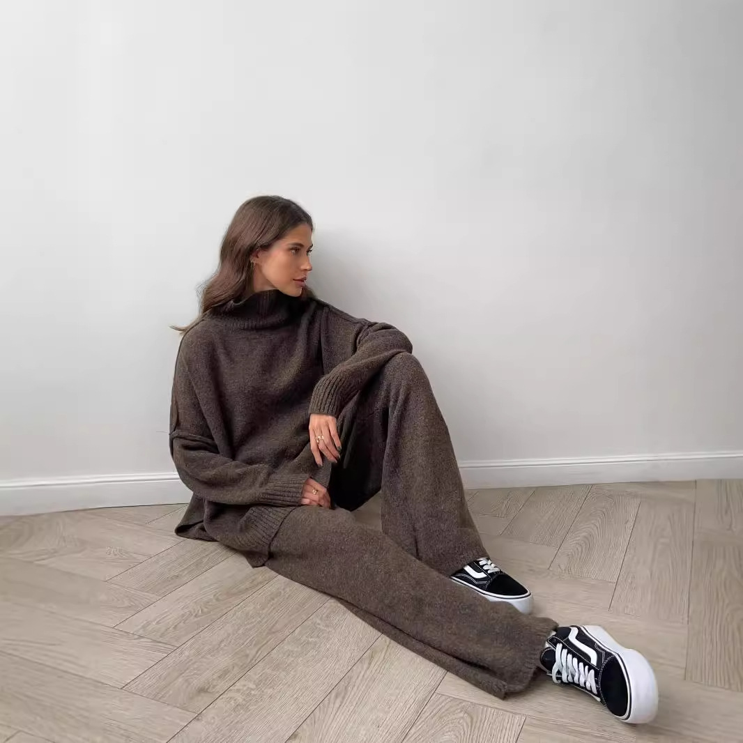 High Neck Split Wool Sweater Loose Casual Lazy Knitted Trousers Two Piece Set - Image 4