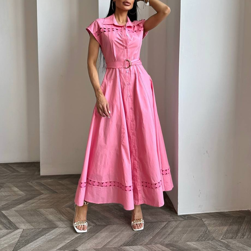 Solid Color Dress Summer Polo Collar Hollow Out Cutout out Belt Waist Trimming Short Sleeved Large Swing Dress - Image 2