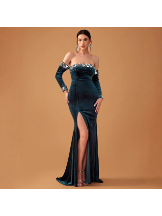 Elegant Light Luxury Velvet Rhinestone Patch Lens off Shoulder Long Sleeve Fishtail Dress