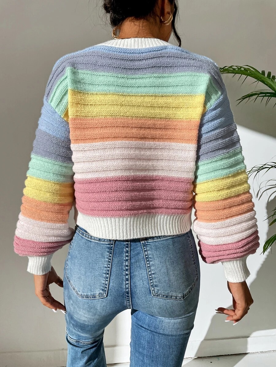 Elegant Spliced Sweater Rainbow Striped Lantern Sleeve Knitted Pullover - Image 3