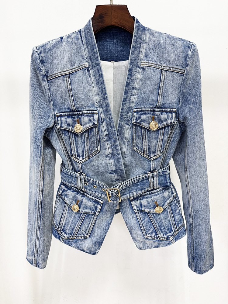 Early Autumn Stars Slim Fit Belt Washed Denim Blazer Jacket - Image 3