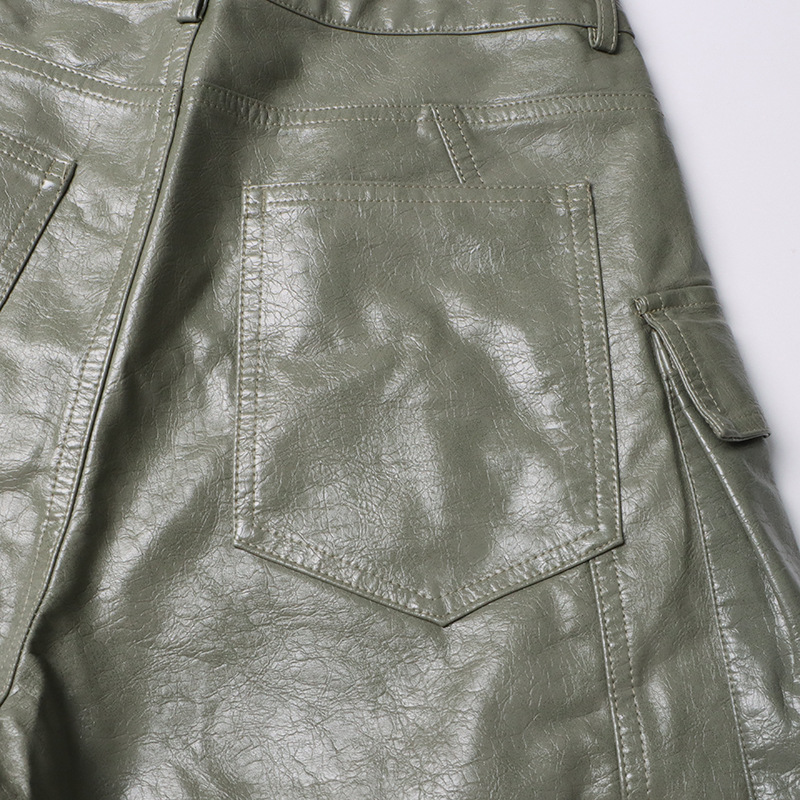 Unique High Waist Large Pocket Faux Leather Straight Leg Pants - Image 14