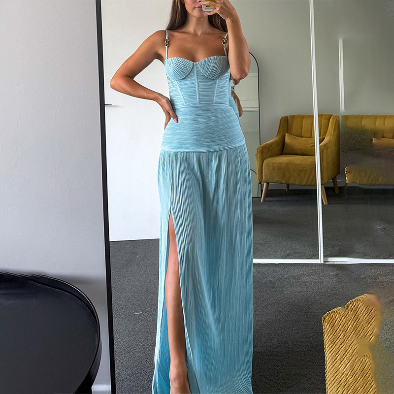 Sleeveless Sling Split Multi Color Solid Color Dress - Image 2