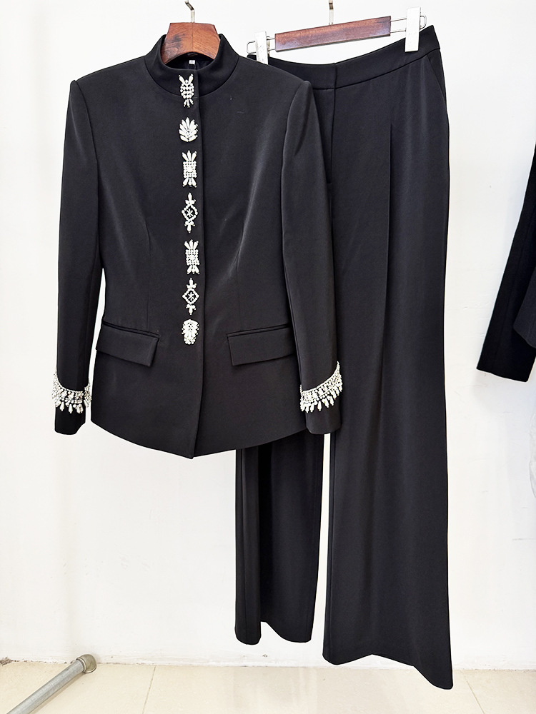 Early Autumn Star Bead Diamond Stand up Collar Jacket Trousers Two Piece Sets - Image 3