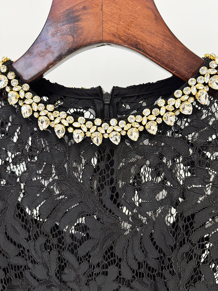 Spring Summer Star Bead Diamond Long Sleeve Slim Water Soluble Lace Dress - Image 13
