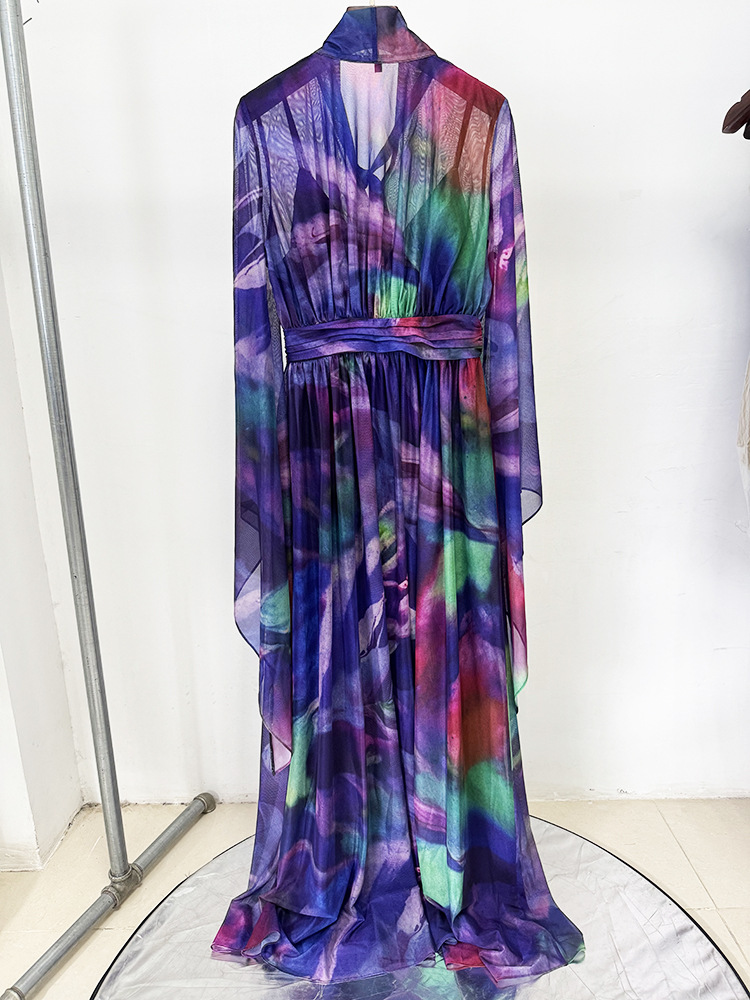 Spring Summer Star Bay Sleeve Colorful Printed Maxi Dress - Image 3