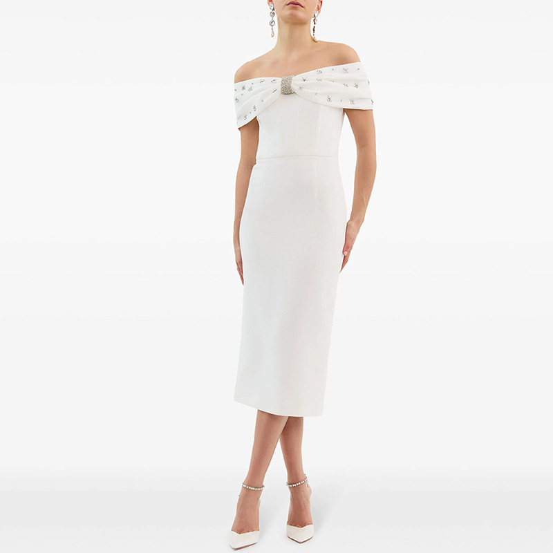 Off Shoulder Beads Rhinestones Mid Length Dress