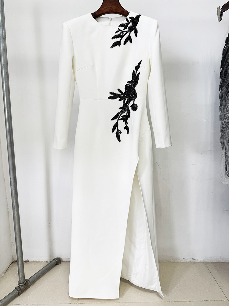 Embroidered Beads Beaded Floral Long Sleeve Split Maxi Dress - Image 2