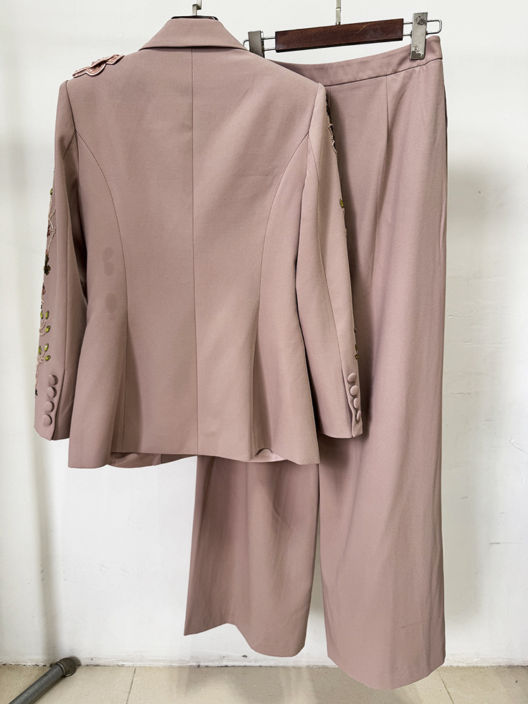 Heavy Industry Beads Three Dimensional Floral Jacket Coat Wide Leg Pants Two Piece Set - Image 4