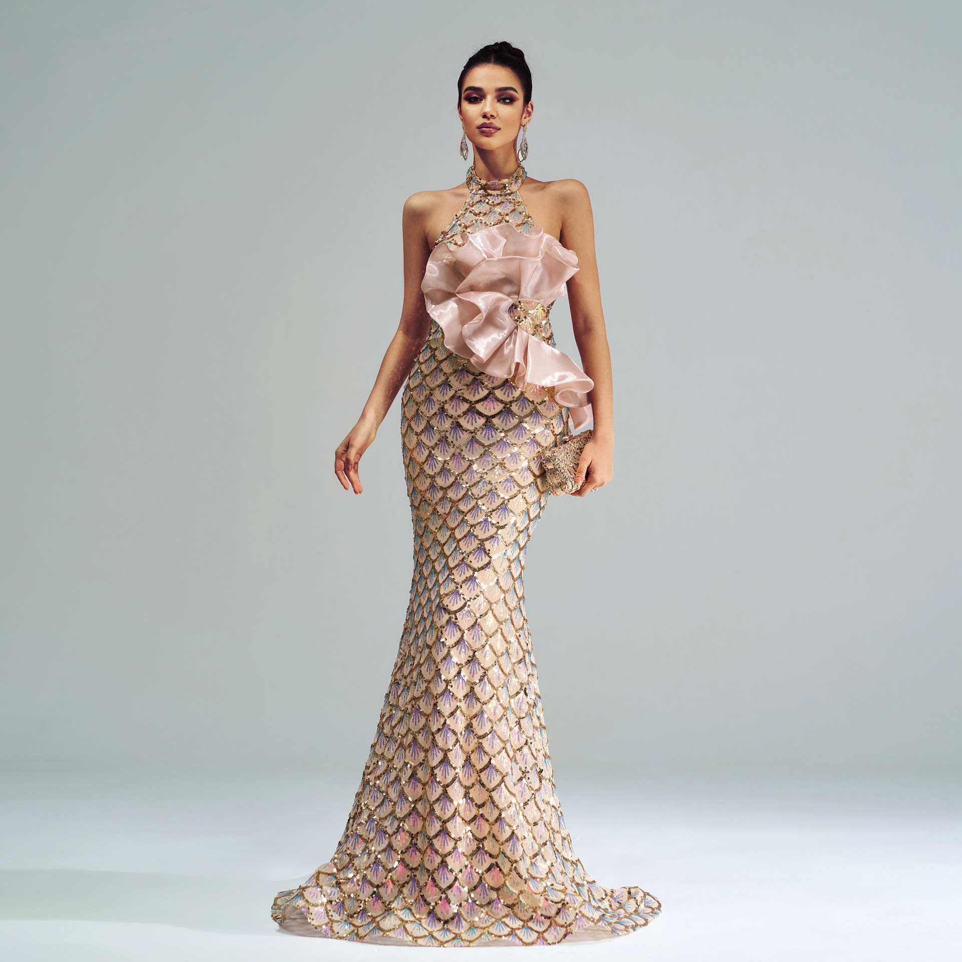 Round Neck Off the Shoulder Slim Fit Sheath Sequined Cocktail Fishtail Evening Dress - Image 3