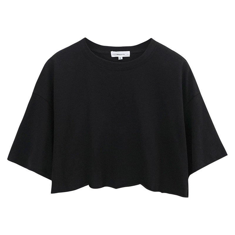 Short Sleeved T shirt Summer Pure Cotton Solid Color Cropped Round Neck Top - Image 5