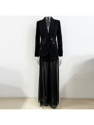 Spring Stars Mesh Patchwork Heavy Industry Beads Blazer Chiffon Trousers Two Piece Pant Sets