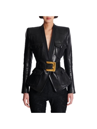 Star Series Belt Slim Fit Leather Jacket Coat