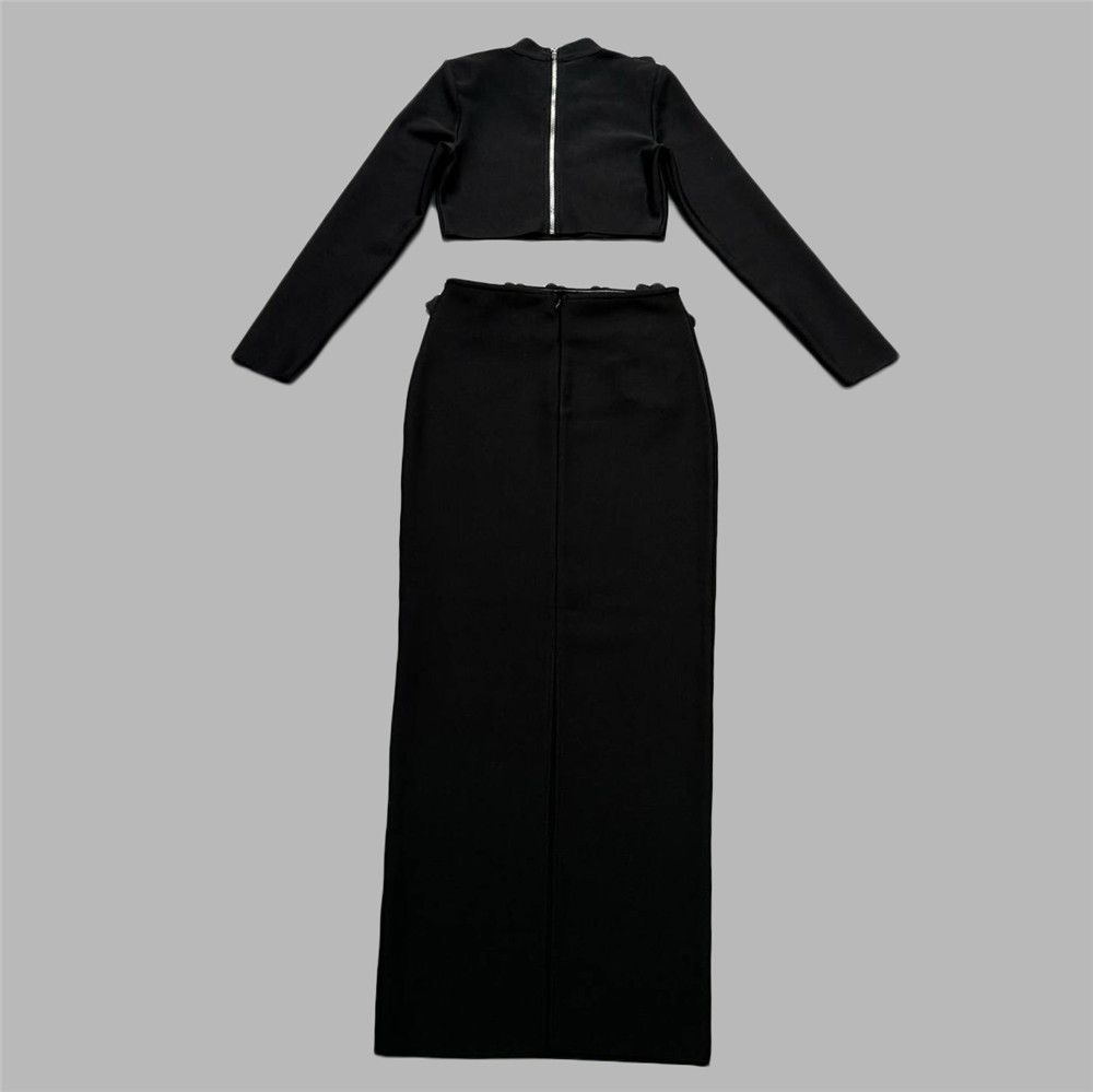 Diamond Bandage Skirt Set Long Sleeve Half Turtleneck Short Top Long Skirt Two Piece Set - Image 4