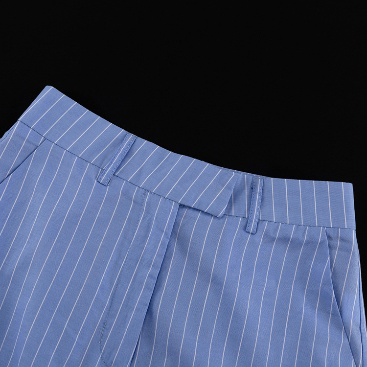 Striped Collared Long Sleeve Short Shirt Loose Wide Leg Pants Two Piece Set - Image 10
