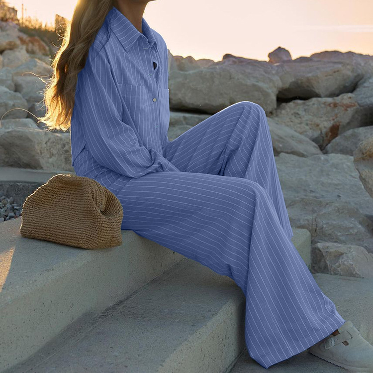 Striped Collared Long Sleeve Short Shirt Loose Wide Leg Pants Two Piece Set - Image 2