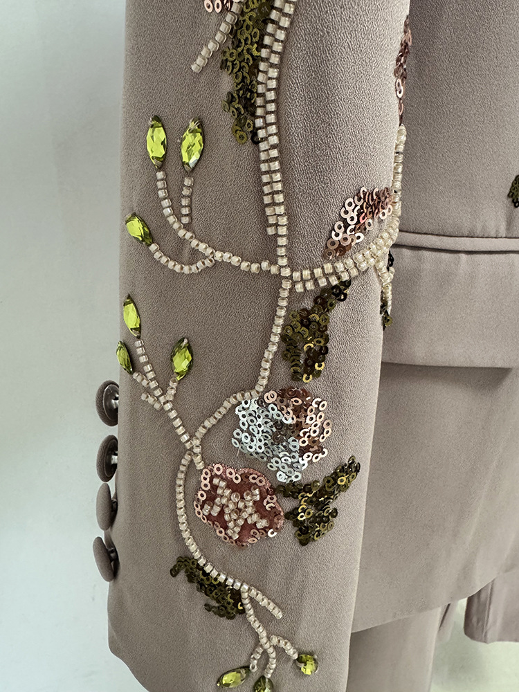 Heavy Industry Beads Three Dimensional Floral Jacket Coat Wide Leg Pants Two Piece Set - Image 7