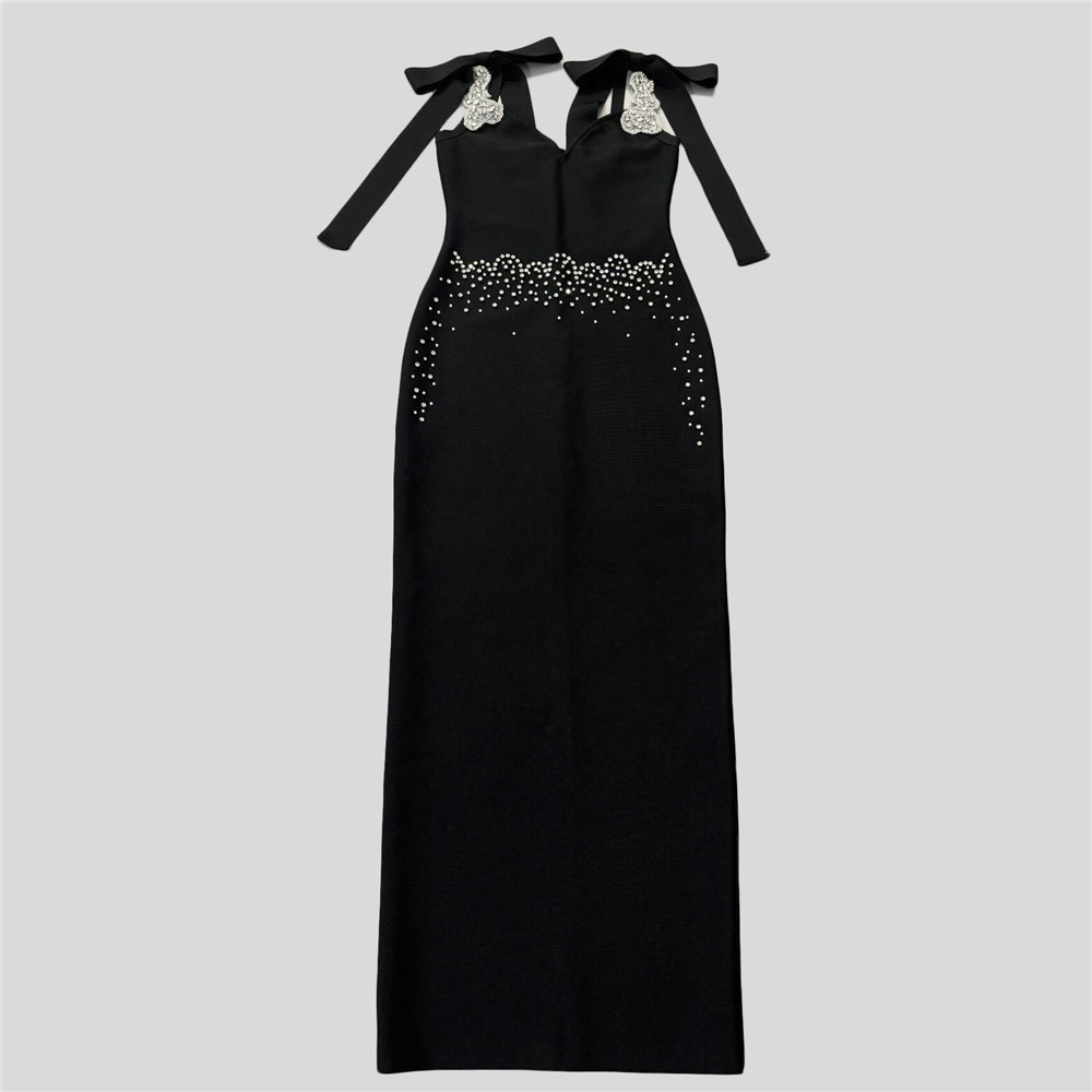 V Neck Bow Ribbon Rhinestone Bandage One Piece Party Cocktail Elegant Dress - Image 2