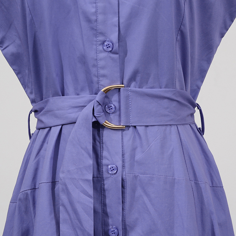 Solid Color Dress Summer Polo Collar Hollow Out Cutout out Belt Waist Trimming Short Sleeved Large Swing Dress - Image 11
