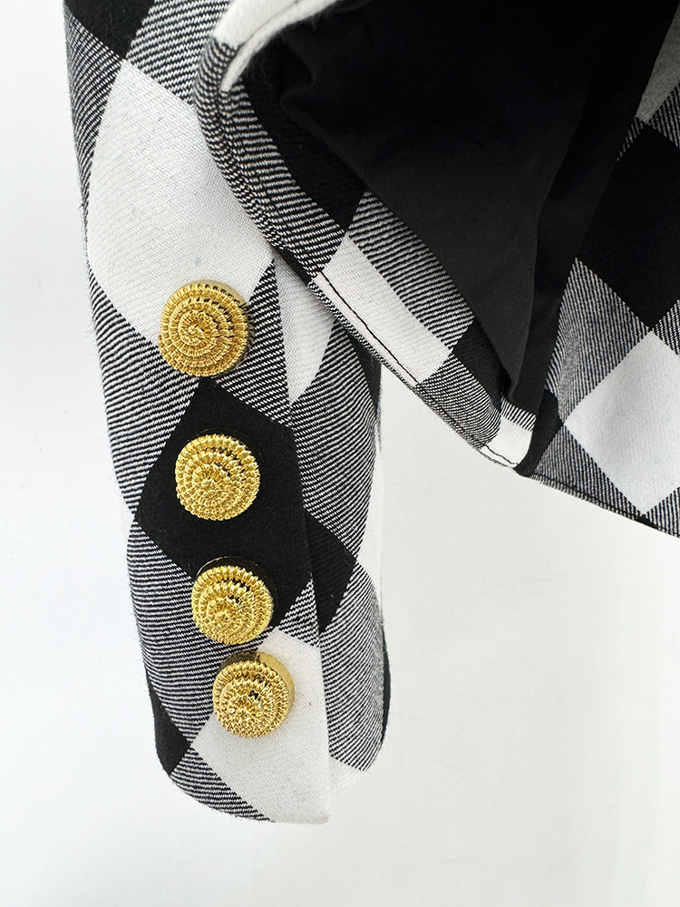 Spring Star Big Metal Buckle Black White Plaid Slim Fit Blazer Jacket - Image 8