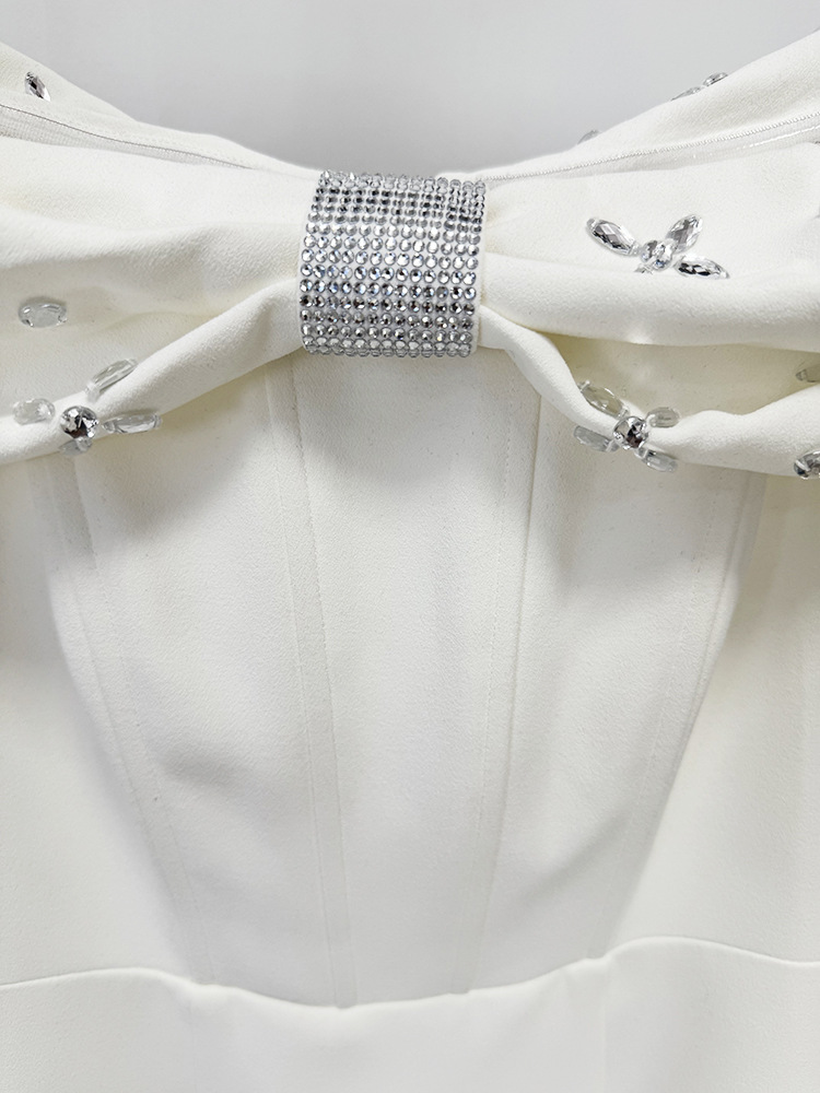 Off Shoulder Beads Rhinestones Mid Length Dress - Image 12