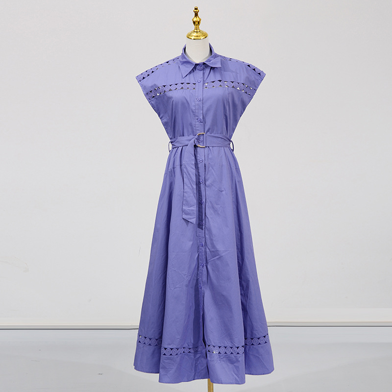 Solid Color Dress Summer Polo Collar Hollow Out Cutout out Belt Waist Trimming Short Sleeved Large Swing Dress - Image 4