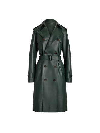 Double Breasted Series Belt Slim Mid Length Leather Wind Coat
