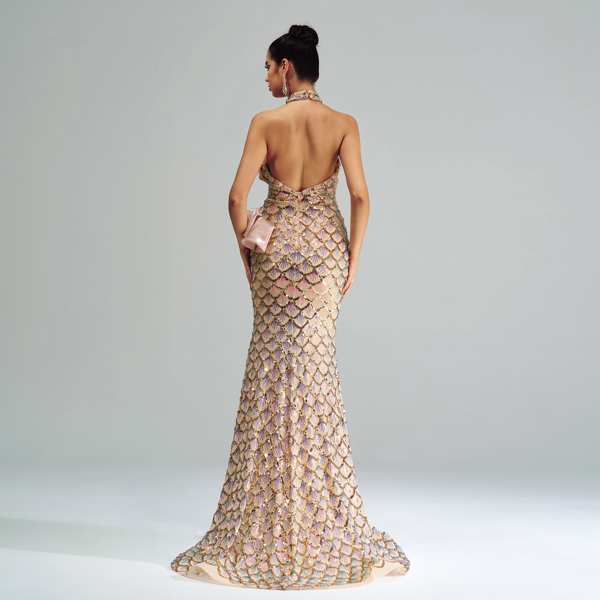 Round Neck Off the Shoulder Slim Fit Sheath Sequined Cocktail Fishtail Evening Dress - Image 2
